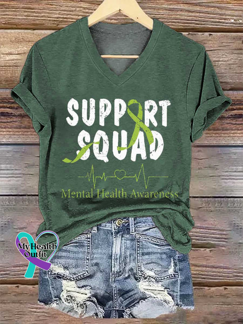 Women’s SUPPORT SQUAD Mental Health Awareness V-neck Casual T-Shirt Green / S