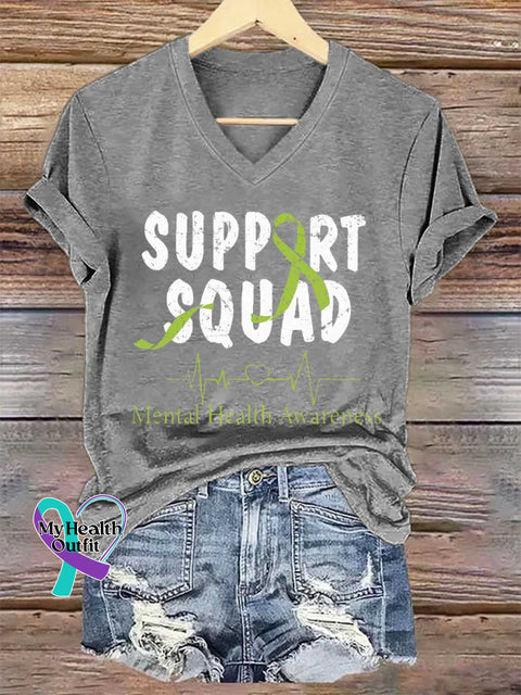 Women’s SUPPORT SQUAD Mental Health Awareness V-neck Casual T-Shirt Grey / S