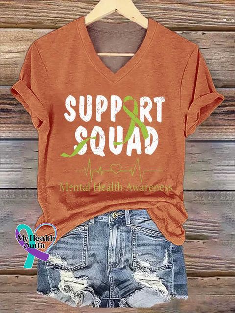 Women’s SUPPORT SQUAD Mental Health Awareness V-neck Casual T-Shirt Orange / S