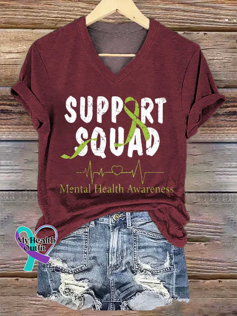 Women’s SUPPORT SQUAD Mental Health Awareness V-neck Casual T-Shirt Red / S