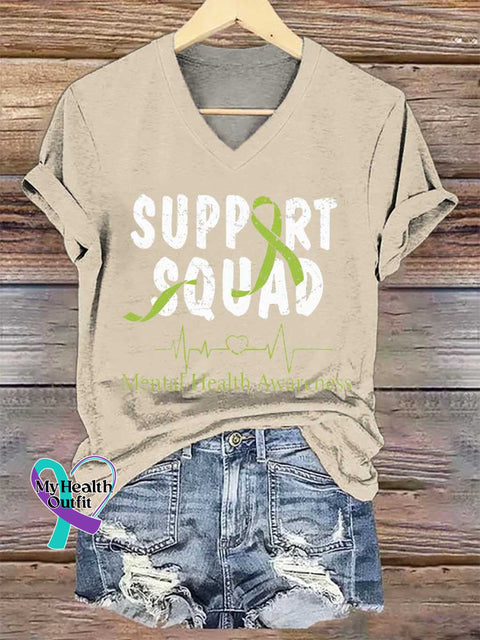 Women’s SUPPORT SQUAD Mental Health Awareness V-neck Casual T-Shirt Sand / S