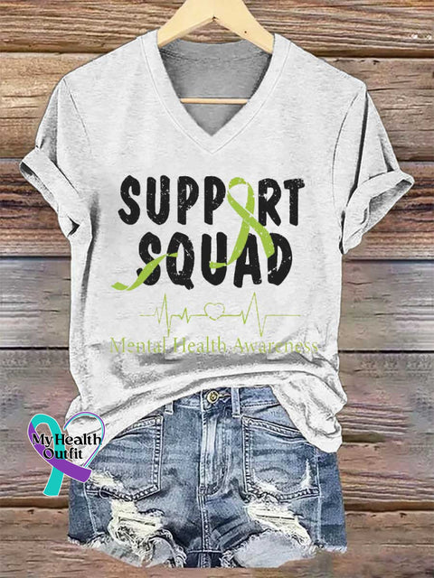 Women’s SUPPORT SQUAD Mental Health Awareness V-neck Casual T-Shirt White / S