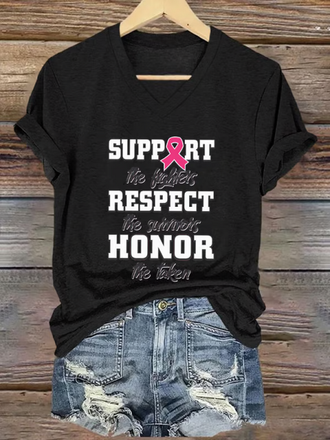Women’s SUPPORT The Fighters RESPECT The Survivors HONOR We Taken Breast Cancer Awareness V-neck Casual T-Shirt Black