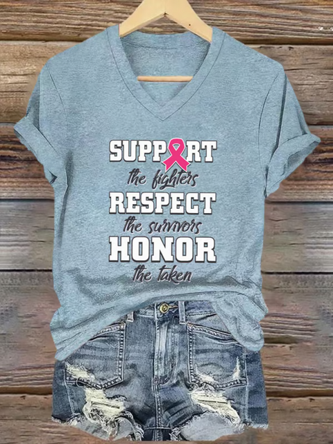 Women’s SUPPORT The Fighters RESPECT The Survivors HONOR We Taken Breast Cancer Awareness V-neck Casual T-Shirt Blue / S