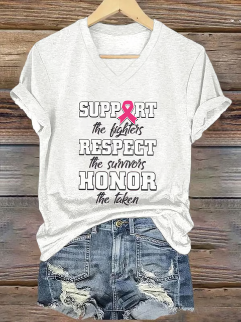 Women’s SUPPORT The Fighters RESPECT The Survivors HONOR We Taken Breast Cancer Awareness V-neck Casual T-Shirt White