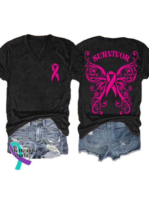 Women’s SURVIVOR Butterfly Breast Cancer Awareness Art V neck Casual T Shirt Black / S