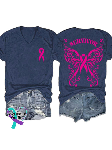 Women’s SURVIVOR Butterfly Breast Cancer Awareness Art V neck Casual T Shirt Blue / S