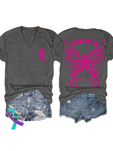Women’s SURVIVOR Butterfly Breast Cancer Awareness Art V neck Casual T Shirt Grey / S