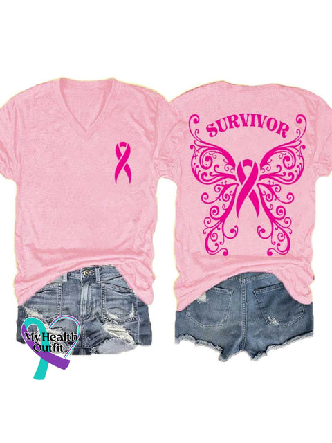 Women’s SURVIVOR Butterfly Breast Cancer Awareness Art V neck Casual T Shirt LightPink / S