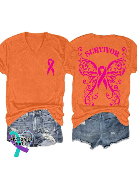 Women’s SURVIVOR Butterfly Breast Cancer Awareness Art V neck Casual T Shirt Orange / S