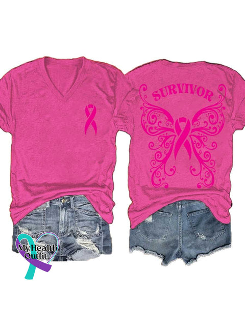 Women’s SURVIVOR Butterfly Breast Cancer Awareness Art V neck Casual T Shirt Pink / S