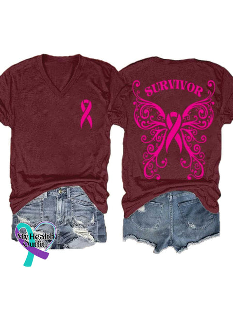 Women’s SURVIVOR Butterfly Breast Cancer Awareness Art V neck Casual T Shirt Red / S