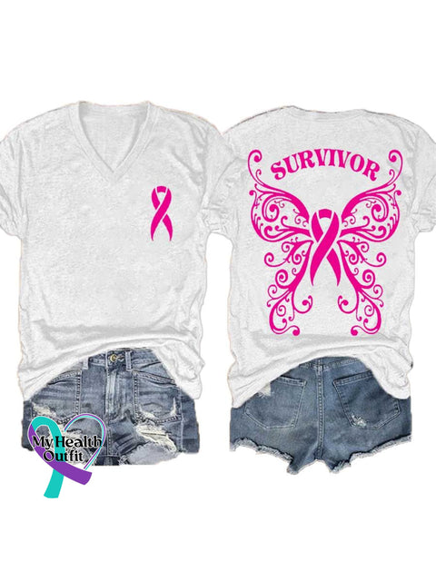 Women’s SURVIVOR Butterfly Breast Cancer Awareness Art V neck Casual T Shirt White / S