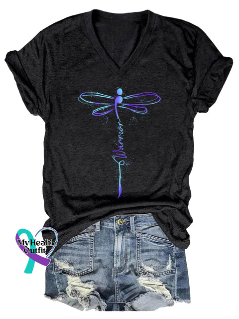 Women’s Survivor Dragonfly Suicide Prevention Awareness V-neck Casual T-Shirt Black / S