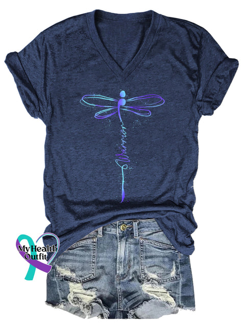 Women’s Survivor Dragonfly Suicide Prevention Awareness V-neck Casual T-Shirt Blue / S