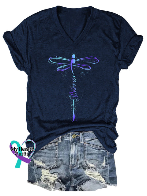 Women’s Survivor Dragonfly Suicide Prevention Awareness V-neck Casual T-Shirt DarkBlue / S