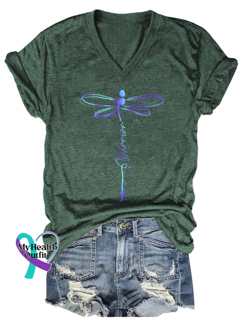 Women’s Survivor Dragonfly Suicide Prevention Awareness V-neck Casual T-Shirt Green / S
