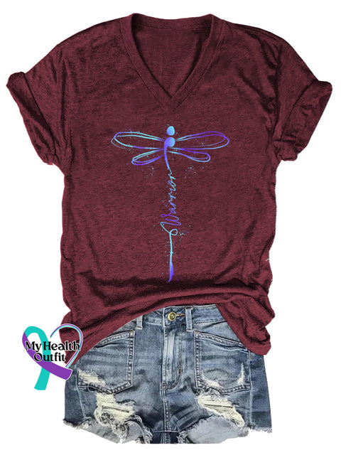 Women’s Survivor Dragonfly Suicide Prevention Awareness V-neck Casual T-Shirt Red / S
