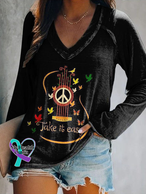 Women’s Take It Easy Art Print Casual V-Neck Long Sleeve Top Black / S