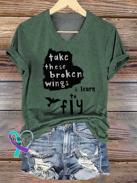 Women’s Take These Broken Wings & Learn To Fiy Print V-neck Casual T-Shirt Green / S