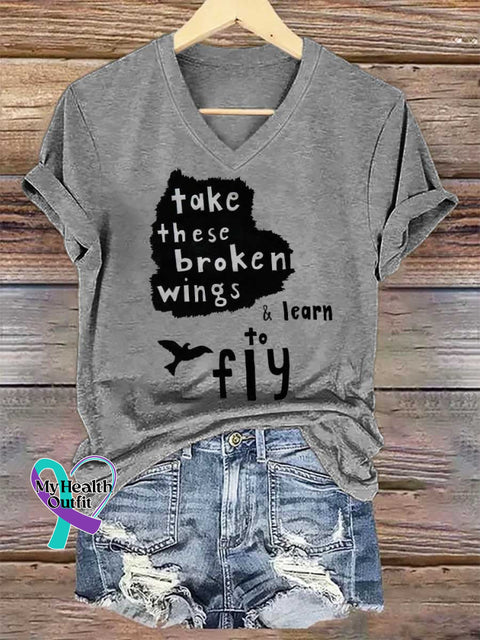 Women’s Take These Broken Wings & Learn To Fiy Print V-neck Casual T-Shirt Grey / S
