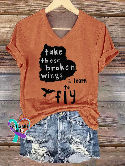 Women’s Take These Broken Wings & Learn To Fiy Print V-neck Casual T-Shirt Orange / S