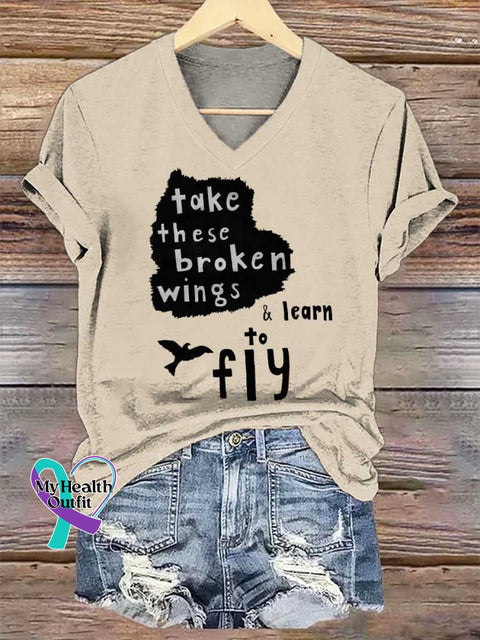 Women’s Take These Broken Wings & Learn To Fiy Print V-neck Casual T-Shirt Sand / S