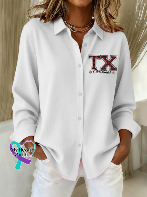 Women’s Texas Christmas Print Casual Linen Shirt White / S