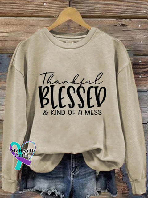 Women’s Thankful Blessed & Kind Of A Mess Print Casual Sweatshirt Apricot / S