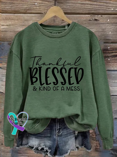 Women’s Thankful Blessed & Kind Of A Mess Print Casual Sweatshirt Army Green / S