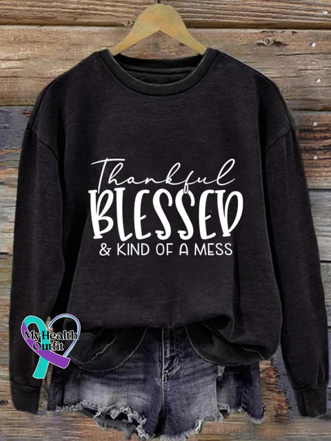 Women’s Thankful Blessed & Kind Of A Mess Print Casual Sweatshirt Black / S