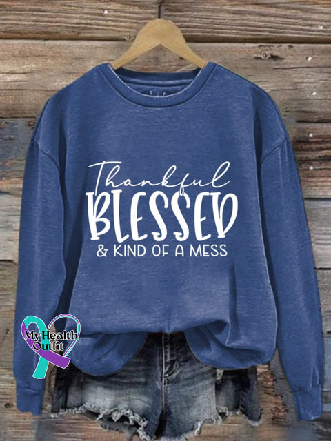 Women’s Thankful Blessed & Kind Of A Mess Print Casual Sweatshirt Blue / S