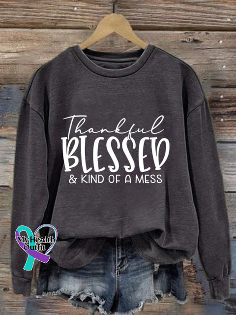 Women’s Thankful Blessed & Kind Of A Mess Print Casual Sweatshirt Dark Grey / S