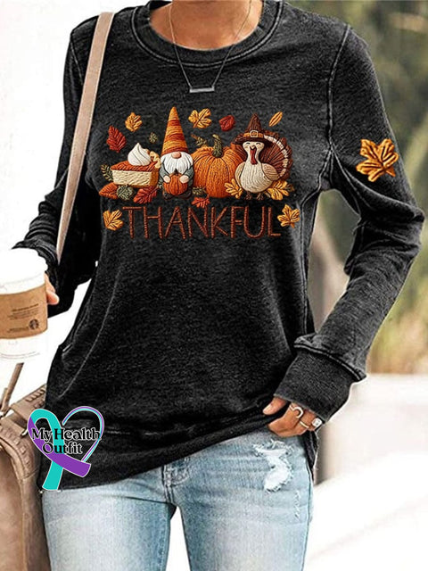 Women’s Thankful Print Round Neck Sweatshirt Black / S