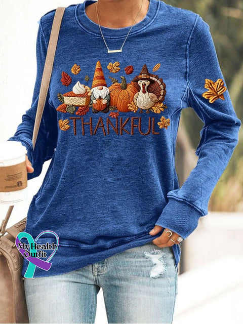 Women’s Thankful Print Round Neck Sweatshirt Blue / S