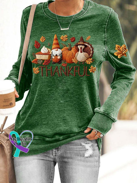 Women’s Thankful Print Round Neck Sweatshirt Green / S