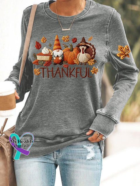 Women’s Thankful Print Round Neck Sweatshirt Light Grey / S