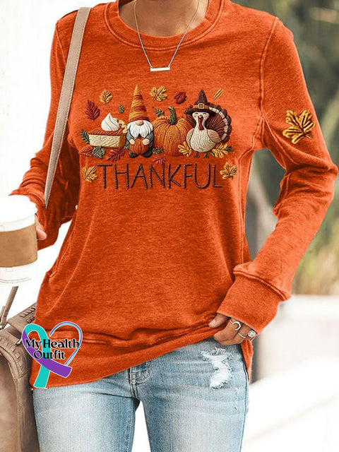 Women’s Thankful Print Round Neck Sweatshirt Orange / S