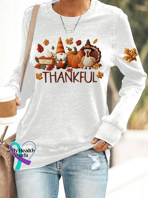 Women’s Thankful Print Round Neck Sweatshirt White / S