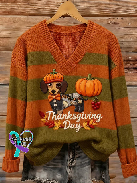 Women’s Thanksgiving Art Print V-Neck Sweater Picture 1 / S