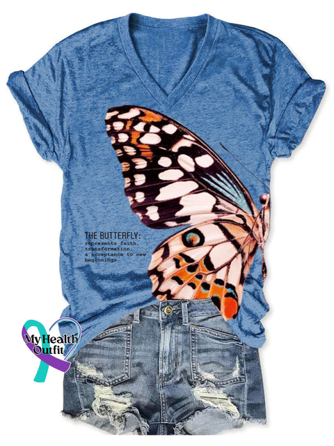Women’s The Butterfly Art Print V-neck Casual T-Shirt Blue / S