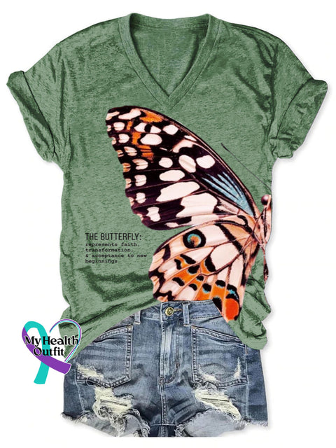 Women’s The Butterfly Art Print V-neck Casual T-Shirt DarkGreen / S