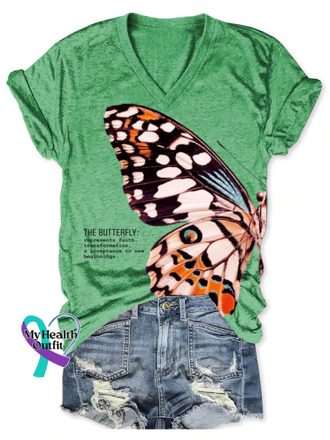 Women’s The Butterfly Art Print V-neck Casual T-Shirt Green / S