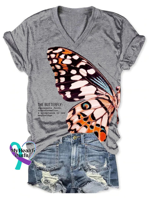 Women’s The Butterfly Art Print V-neck Casual T-Shirt Grey / S