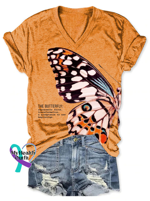 Women’s The Butterfly Art Print V-neck Casual T-Shirt Orange / S