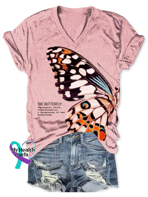 Women’s The Butterfly Art Print V-neck Casual T-Shirt Pink / S