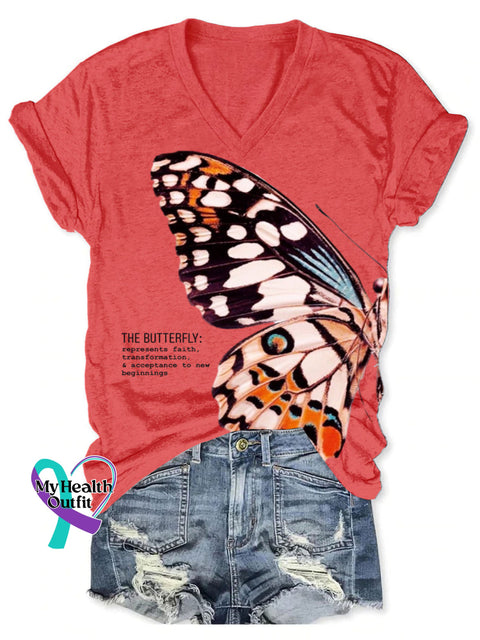 Women’s The Butterfly Art Print V-neck Casual T-Shirt Red / S