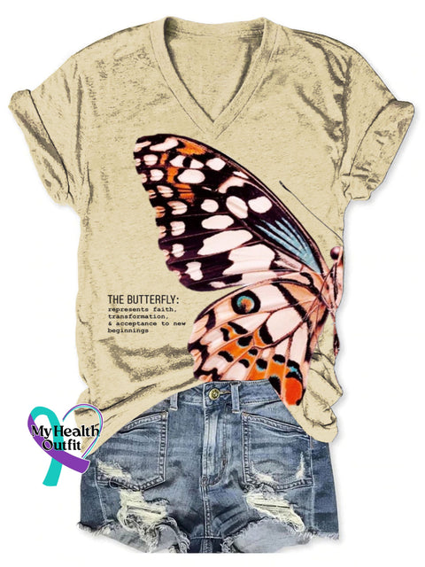 Women’s The Butterfly Art Print V-neck Casual T-Shirt Sand / S