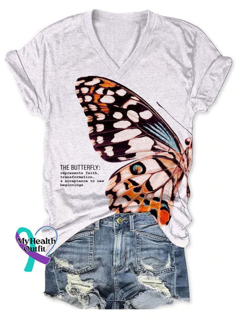 Women’s The Butterfly Art Print V-neck Casual T-Shirt White / S