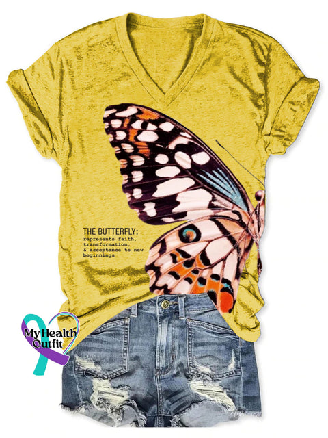 Women’s The Butterfly Art Print V-neck Casual T-Shirt Yellow / S